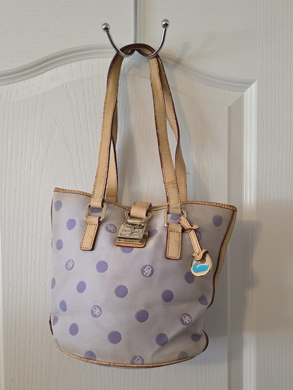 Vintage Dooney & Bourke Polka Dot Bucket Tote in Lavender with Tan Trim